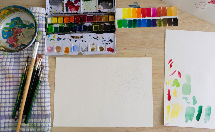 Flat lay of all of the elements needed to do the watercolour elements of the card